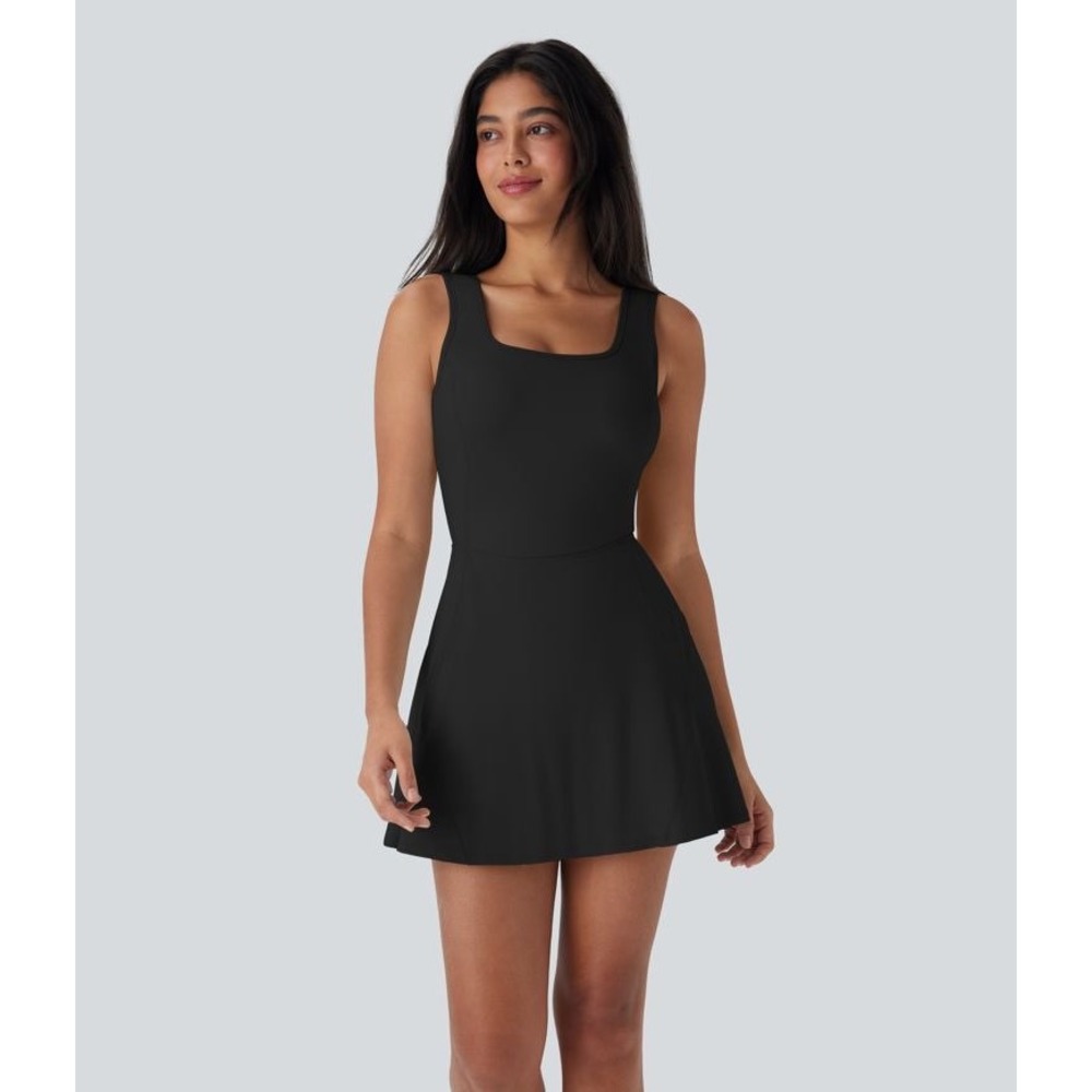 Halara SoftlyZero Airy Square Neck Backless Exercise Dress Black M 02813727